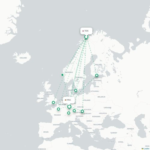 Mapa de vuelo directo Tromso - Fráncfort