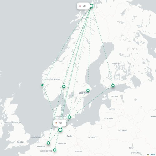 Mapa de vuelo directo Tromso - Hamburgo
