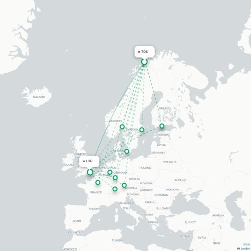 Mapa de vuelo directo Tromso - Londres