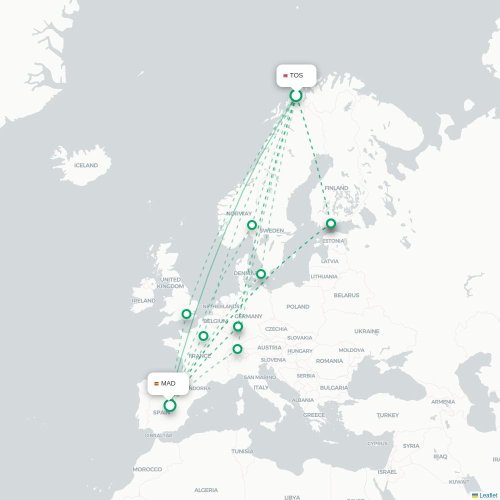 Mapa de vuelo directo Tromso - Madrid