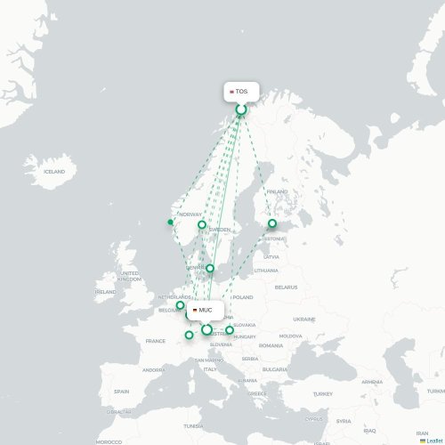 Mapa de vuelo directo Tromso - Múnich