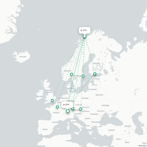 Tromso - Zurich karta över direktflyg