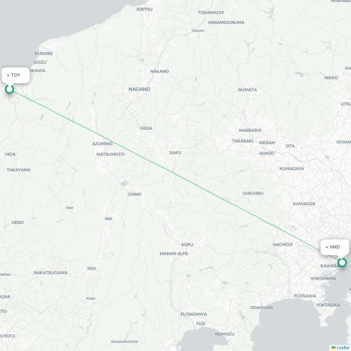 Mapa lotu bezpośredniego Toyama – Tokio