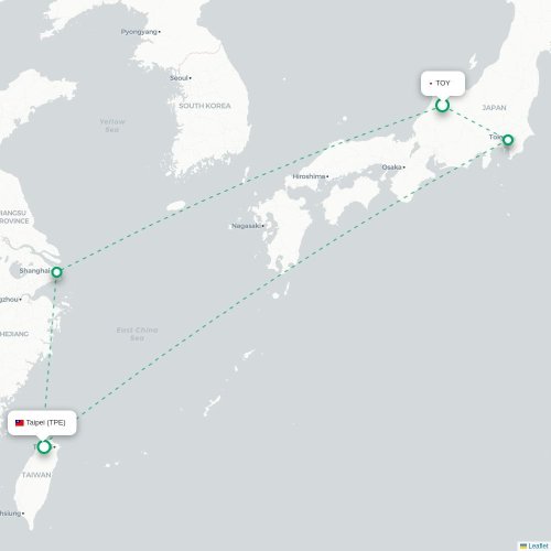 Mapa lotu bezpośredniego Toyama – Tajpej