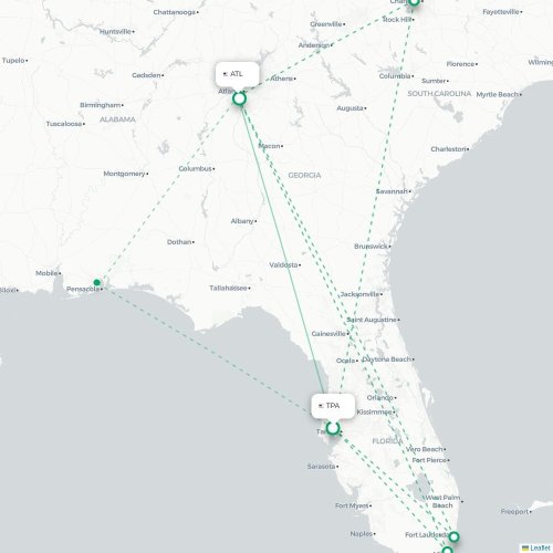 Mapa de vuelo directo Tampa - Atlanta
