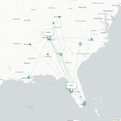 Tampa - Nashville kaart van rechtstreekse vlucht