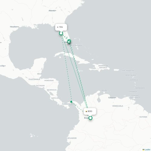 Mapa de vuelo directo Tampa - Bogotá