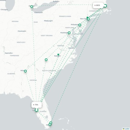 Mapa de vuelo directo Tampa - Boston