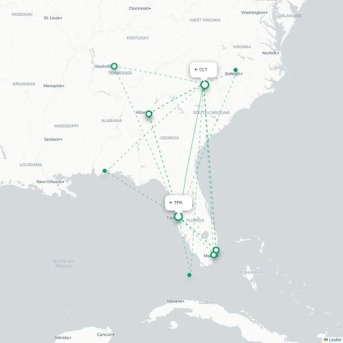 Mapa de vuelo directo Tampa - Charlotte