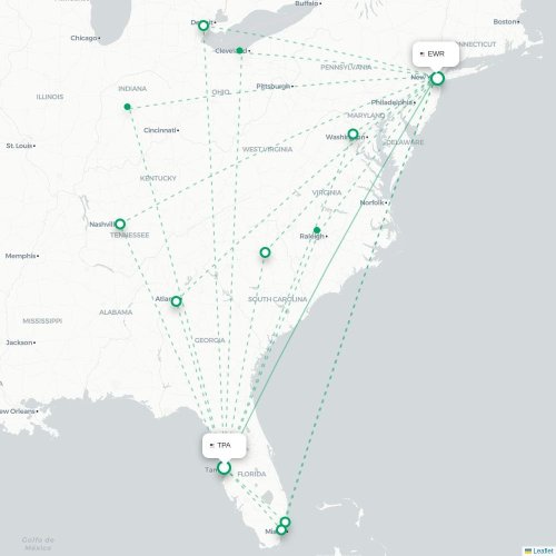 Mapa de vuelo directo Tampa - Newark