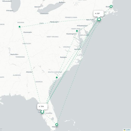 Mapa lotu bezpośredniego Tampa – Islip