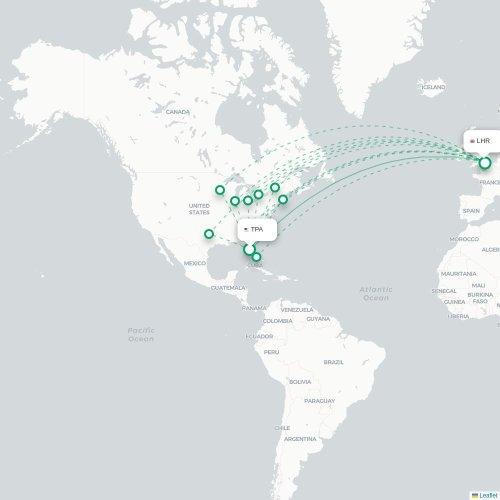 Mapa de vuelo directo Tampa - Londres