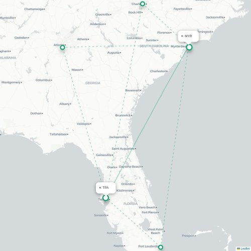 Mapa lotu bezpośredniego Tampa – Myrtle Beach