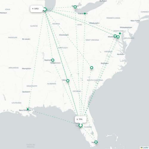 Mapa de vuelo directo Tampa - Chicago
