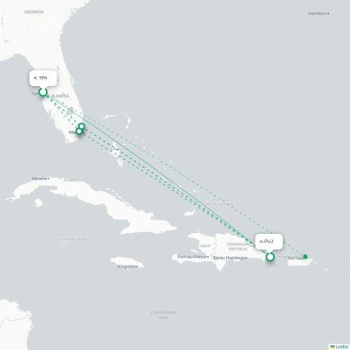 Mapa de vuelo directo Tampa - Punta Cana