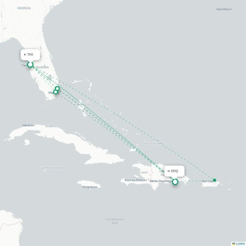 Mapa de vuelo directo Tampa - Santo Domingo