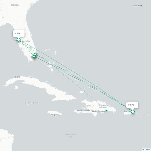 Mapa lotu bezpośredniego Tampa – San Juan