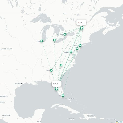 Mapa de vuelo directo Tampa - Montreal