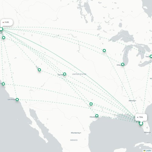 Mapa de vuelo directo Tampa - Vancouver