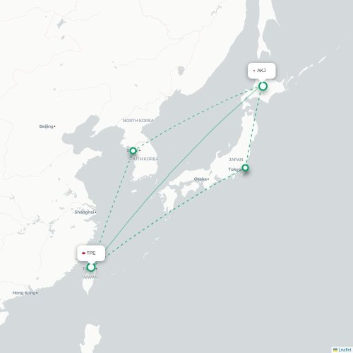Mapa lotu bezpośredniego Tajpej – Asahikawa