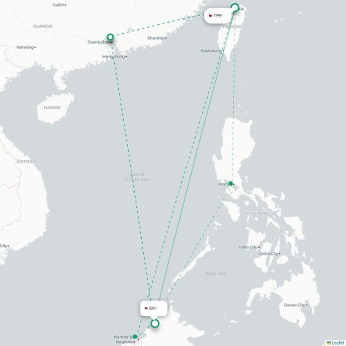 Mapa lotu bezpośredniego Tajpej – Kota Kinabalu