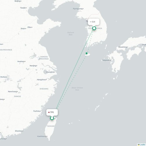 Mapa lotu bezpośredniego Tajpej – Ch'ungju