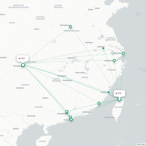 Mapa lotu bezpośredniego Tajpej – Chongqing