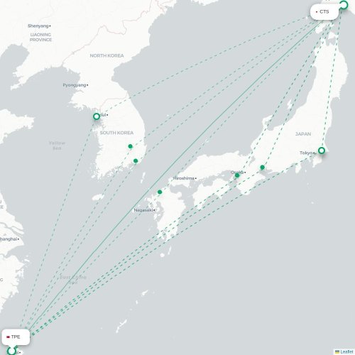 Mapa lotu bezpośredniego Tajpej – Sapporo