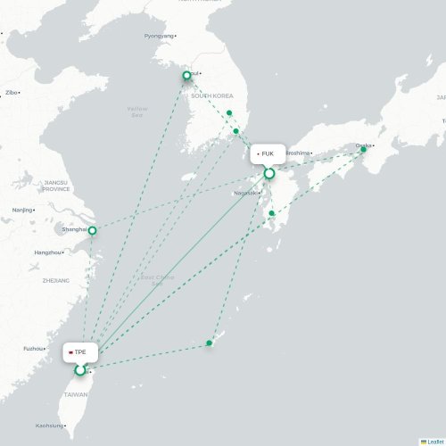 Mapa lotu bezpośredniego Tajpej – Fukuoka