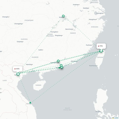 Mapa lotu bezpośredniego Tajpej – Hanoi