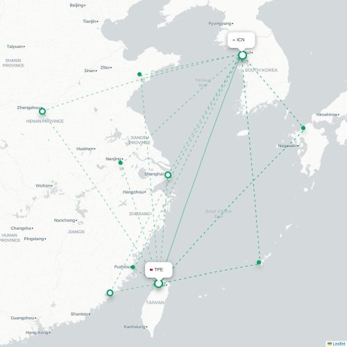 Mapa lotu bezpośredniego Tajpej – Inczhon