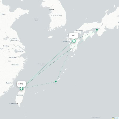 Mapa lotu bezpośredniego Tajpej – Kumamoto