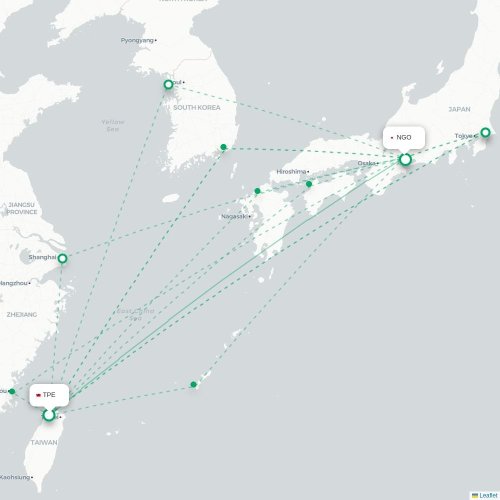 Mapa lotu bezpośredniego Tajpej – Nagoja