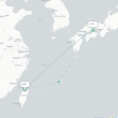Mapa lotu bezpośredniego Tajpej – Okayama