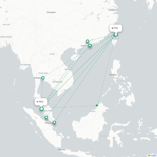 Mapa lotu bezpośredniego Tajpej – Penang