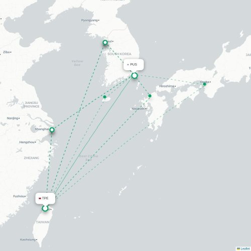 Mapa lotu bezpośredniego Tajpej – Pusan