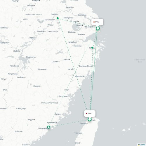 Mapa de vuelo directo Taipéi - Shangai