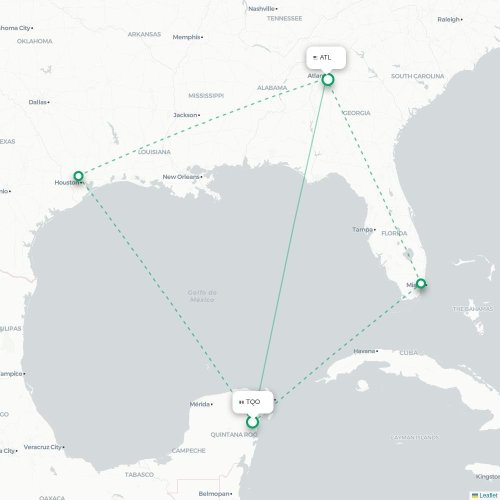 Mapa de vuelo directo Tulum - Atlanta