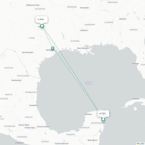 Mapa de vuelo directo Tulum - Dallas