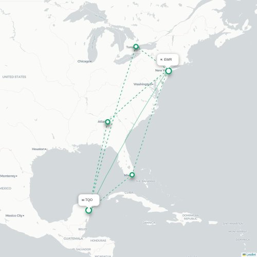 Mapa de vuelo directo Tulum - Newark