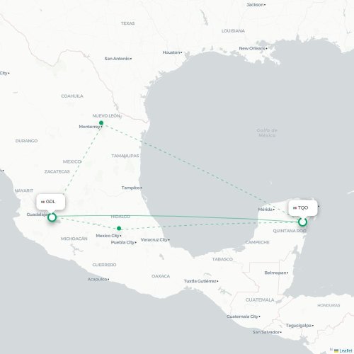 Mapa de vuelo directo Tulum - Guadalajara