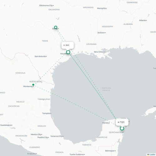 Mapa de vuelo directo Tulum - Houston