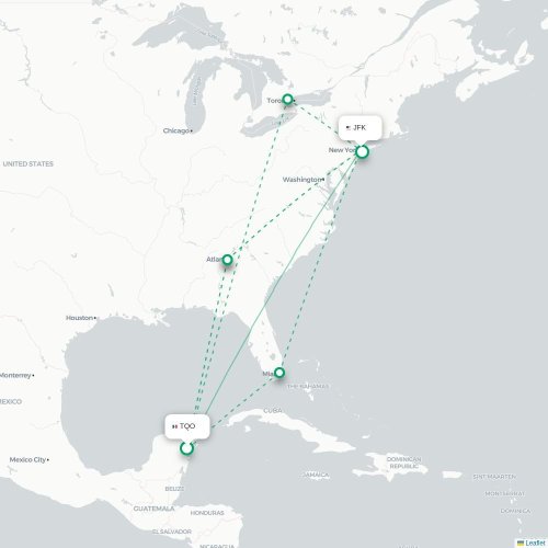 Mapa de vuelo directo Tulum - Nueva York