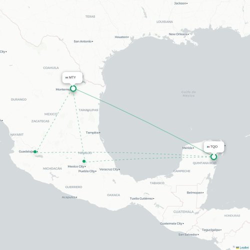Mapa de vuelo directo Tulum - Monterrey