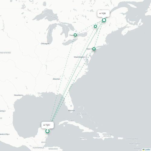 Mapa de vuelo directo Tulum - Quebec