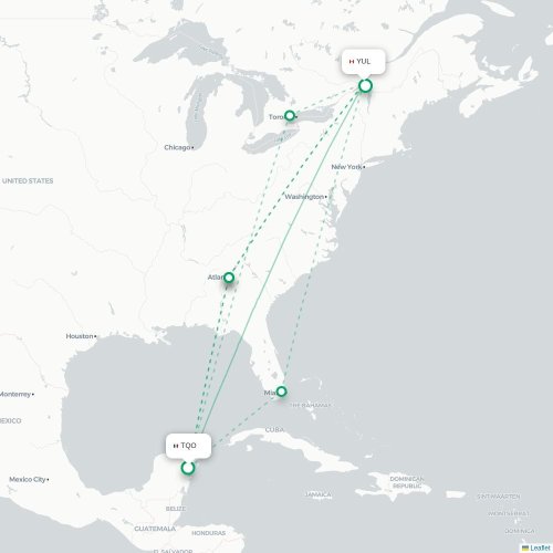 Mapa de vuelo directo Tulum - Montreal
