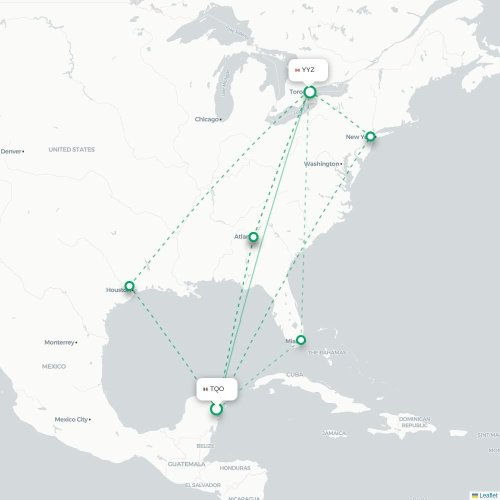 Mapa de vuelo directo Tulum - Toronto