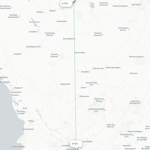 Mapa de vuelo directo Torreón - Guadalajara