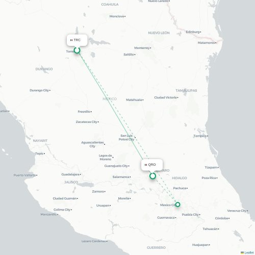 Mapa de vuelo directo Torreón - Santiago de Querétaro