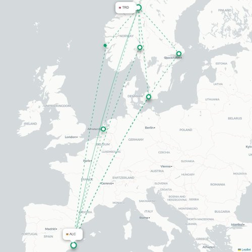 Trondheim – Alicante suoran lennon kartta